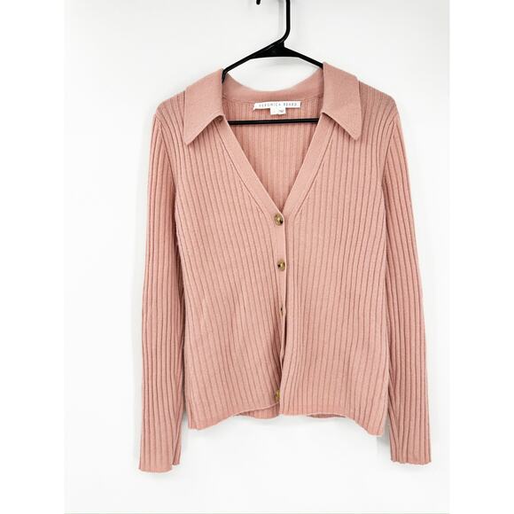 Veronica Beard Lazana Pink Polo Collared Ribbed Cashmere Cardigan Sweater Large - Picture 2 of 5